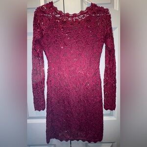 Sequin Hearts Deep Red Lace Long Sleeve Dress